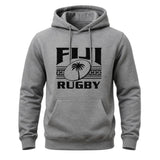 Ruggers Rugby Supply grey cotton-poly fleece unisex hoodie featuring a black Fiji Rugby logo and drawstring hood.