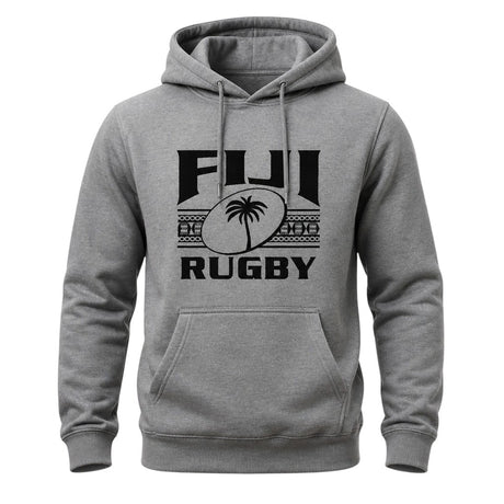 Ruggers Rugby Supply grey cotton-poly fleece unisex hoodie featuring a black Fiji Rugby logo and drawstring hood.