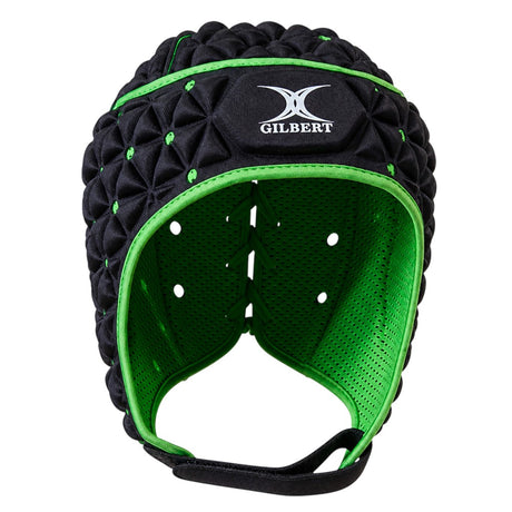 Ruggers Rugby Supply Gilbert Ignite scrum cap in black and green with multi-matrix foam padding and air vents