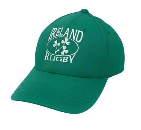 Ruggers Rugby Supply green structured performance cap with white embroidered Ireland Rugby logo and shamrock design.