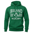 Ruggers Rugby Supply green unisex fleece hoody with white Ireland Rugby shamrock logo and drawstring hood