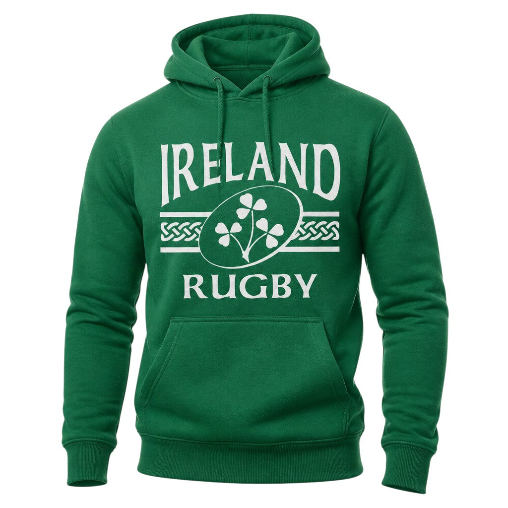 Ruggers Rugby Supply green unisex fleece hoody with white Ireland Rugby shamrock logo and drawstring hood