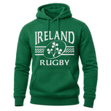 Ruggers Rugby Supply green unisex fleece hoody with white Ireland Rugby shamrock logo and drawstring hood
