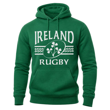 Ruggers Rugby Supply green unisex fleece hoody with white Ireland Rugby shamrock logo and drawstring hood
