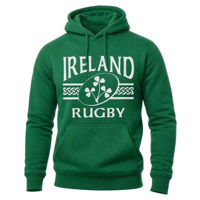 Ruggers Rugby Supply green unisex fleece hoody with white Ireland Rugby shamrock logo and drawstring hood