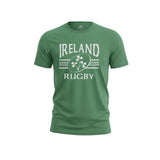 Ruggers Rugby Supply green Ireland Rugby short sleeve tri-blend t-shirt with white shamrock logo graphic.