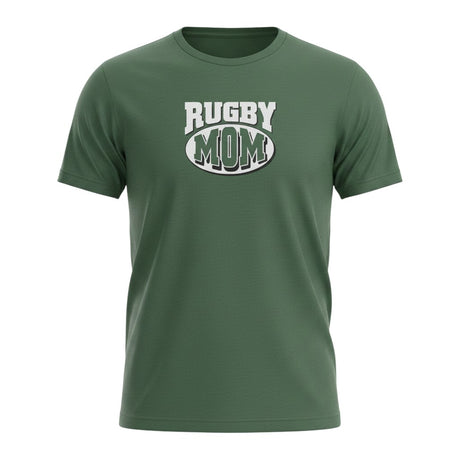 Ruggers Rugby Supply green tri-blend t-shirt with white Rugby Mom graphic logo on the chest