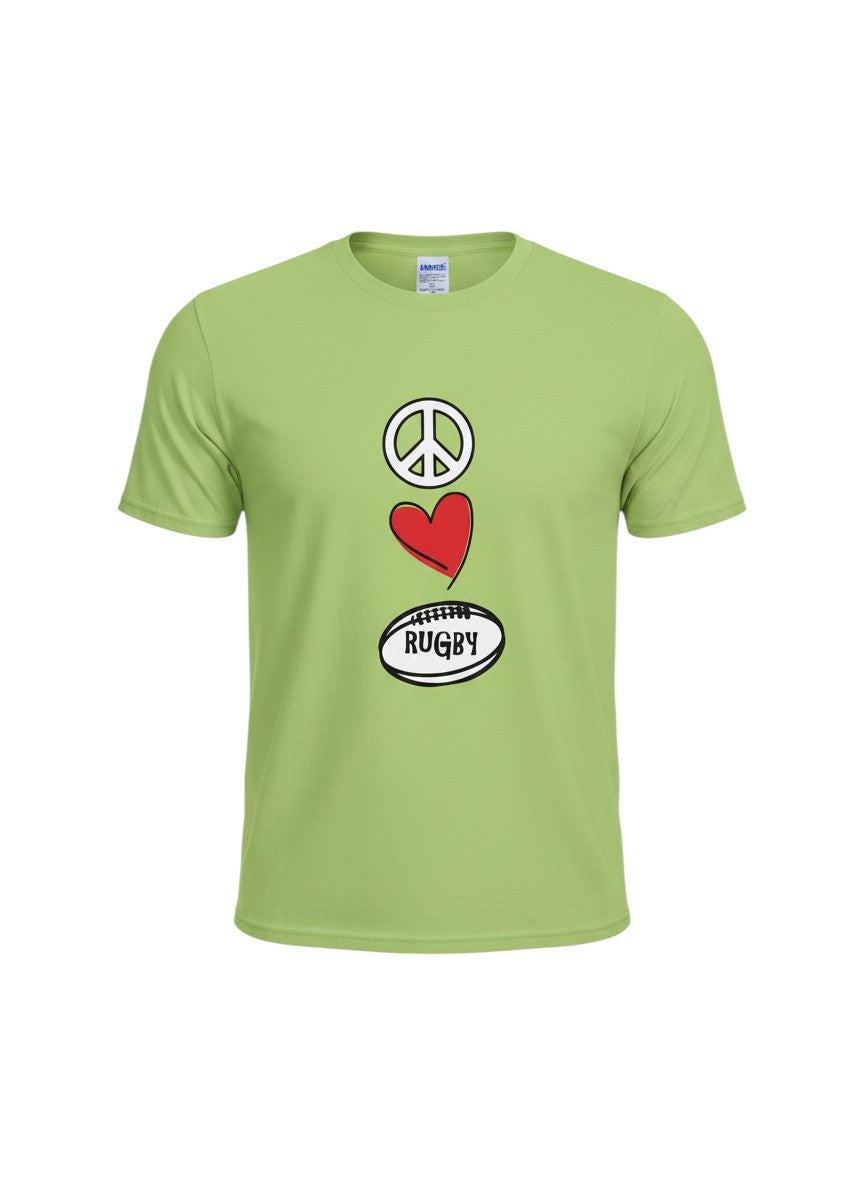 Ruggers Rugby Supply bright green t-shirt featuring a Peace Love Rugby graphic with a peace sign, heart, and ball.