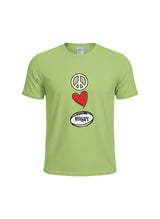 Ruggers Rugby Supply bright green t-shirt featuring a Peace Love Rugby graphic with a peace sign, heart, and ball.