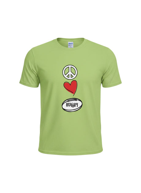 Ruggers Rugby Supply bright green t-shirt featuring a Peace Love Rugby graphic with a peace sign, heart, and ball.