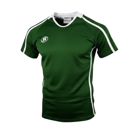 Ruggers Rugby Supply Warrior II green performance rugby jersey with white trim and breathable mesh side panels.