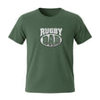 Ruggers Rugby Supply green tri-blend t-shirt featuring a white Rugby Dad graphic logo on the chest.