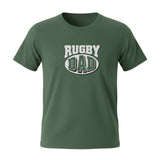 Ruggers Rugby Supply green tri-blend t-shirt featuring a white Rugby Dad graphic logo on the chest.