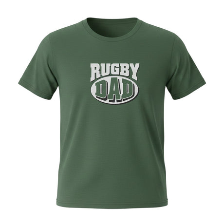 Ruggers Rugby Supply green tri-blend t-shirt featuring a white Rugby Dad graphic logo on the chest.