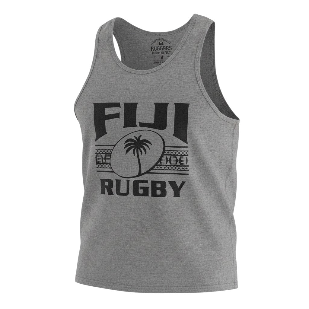Ruggers Rugby Supply grey unisex tank top featuring a black Fiji Rugby logo with a palm tree and tribal patterns.