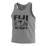 Ruggers Rugby Supply grey unisex tank top featuring a black Fiji Rugby logo with a palm tree and tribal patterns.