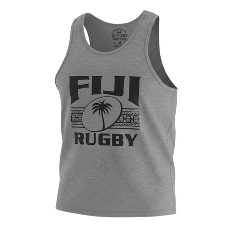 Ruggers Rugby Supply grey unisex tank top featuring a black Fiji Rugby logo with a palm tree and tribal patterns.