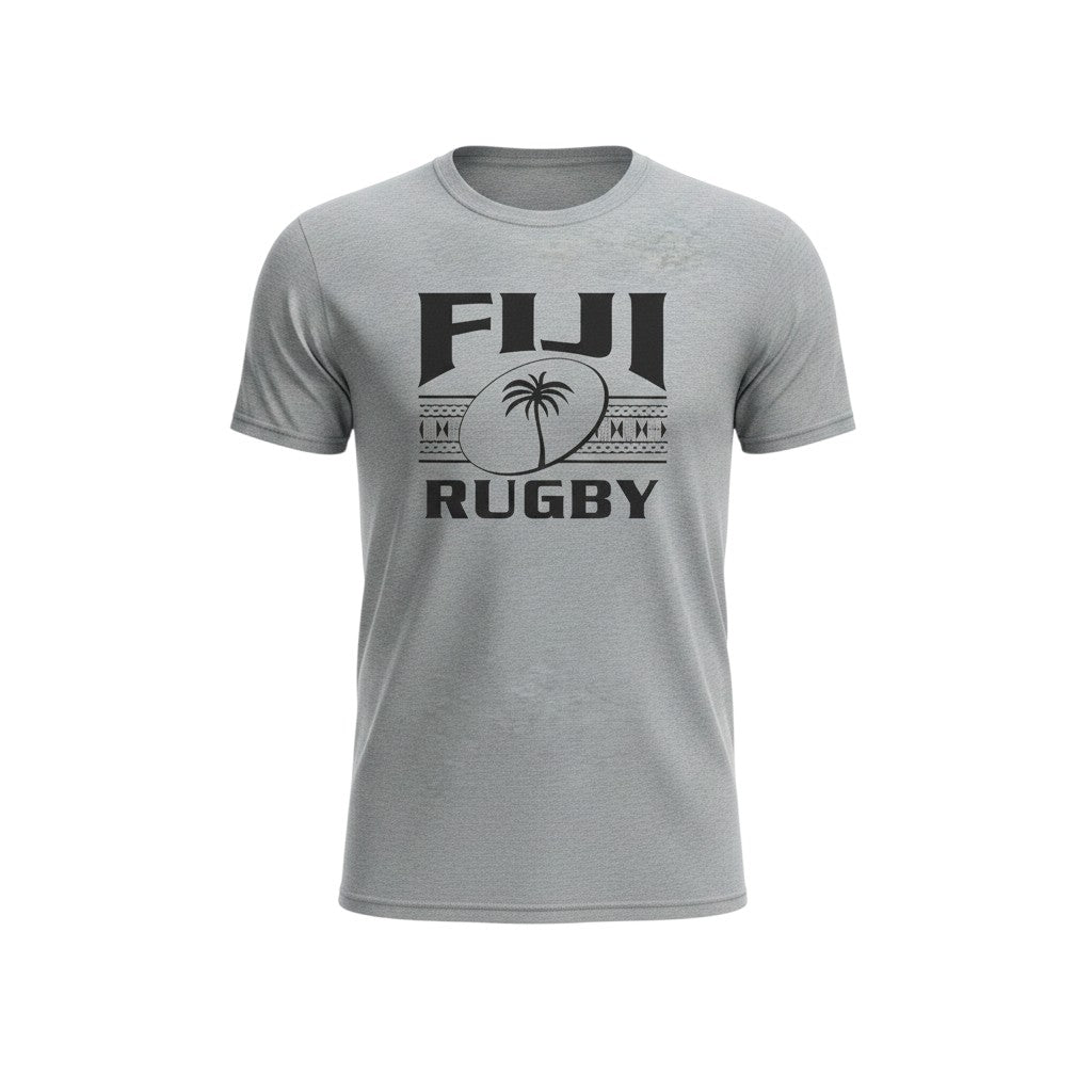 Ruggers Rugby Supply grey short sleeve tri-blend t-shirt featuring a black Fiji Rugby logo with palm tree graphic