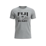 Ruggers Rugby Supply grey short sleeve tri-blend t-shirt featuring a black Fiji Rugby logo with palm tree graphic