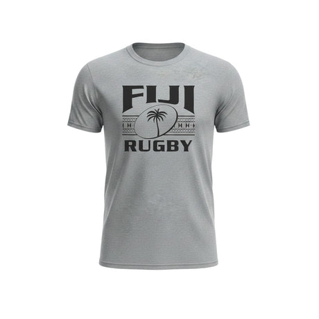 Ruggers Rugby Supply grey short sleeve tri-blend t-shirt featuring a black Fiji Rugby logo with palm tree graphic