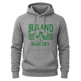 Ruggers Rugby Supply grey unisex fleece hoody with green Ireland Rugby logo and drawstring hood