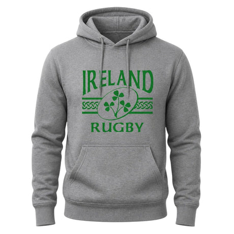 Ruggers Rugby Supply grey unisex fleece hoody with green Ireland Rugby logo and drawstring hood