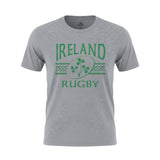 Ruggers Rugby Supply grey Ireland Rugby short sleeve tri-blend t-shirt with green shamrock logo graphic