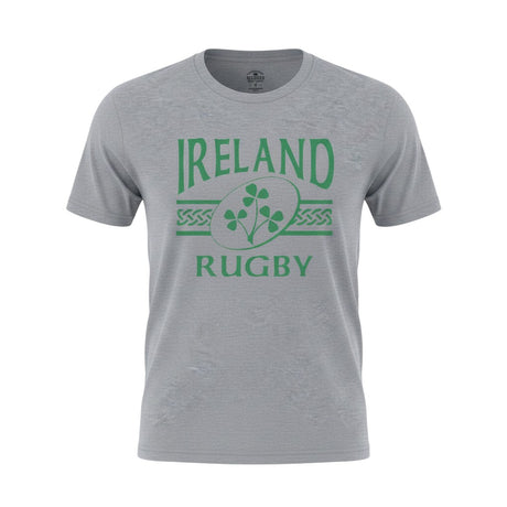 Ruggers Rugby Supply grey Ireland Rugby short sleeve tri-blend t-shirt with green shamrock logo graphic