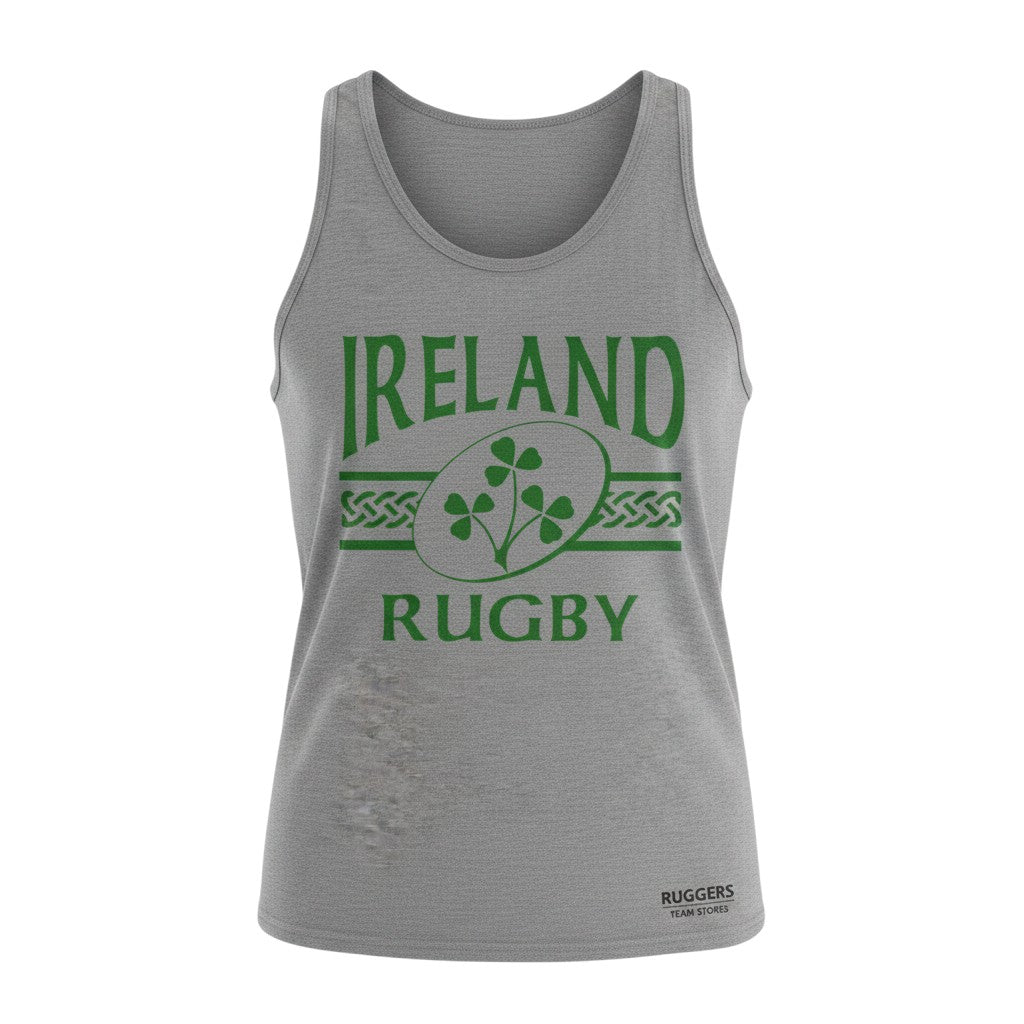 Ruggers Rugby Supply grey unisex tank top featuring a green Ireland Rugby shamrock logo on the chest.