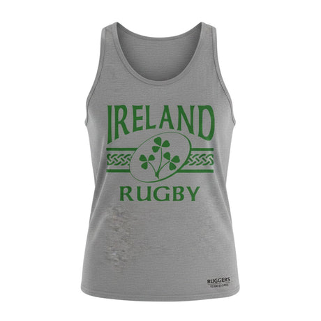 Ruggers Rugby Supply grey unisex tank top featuring a green Ireland Rugby shamrock logo on the chest.
