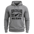 Ruggers Rugby Supply grey unisex cotton-poly fleece hoodie with black New Zealand Rugby logo and drawstring hood