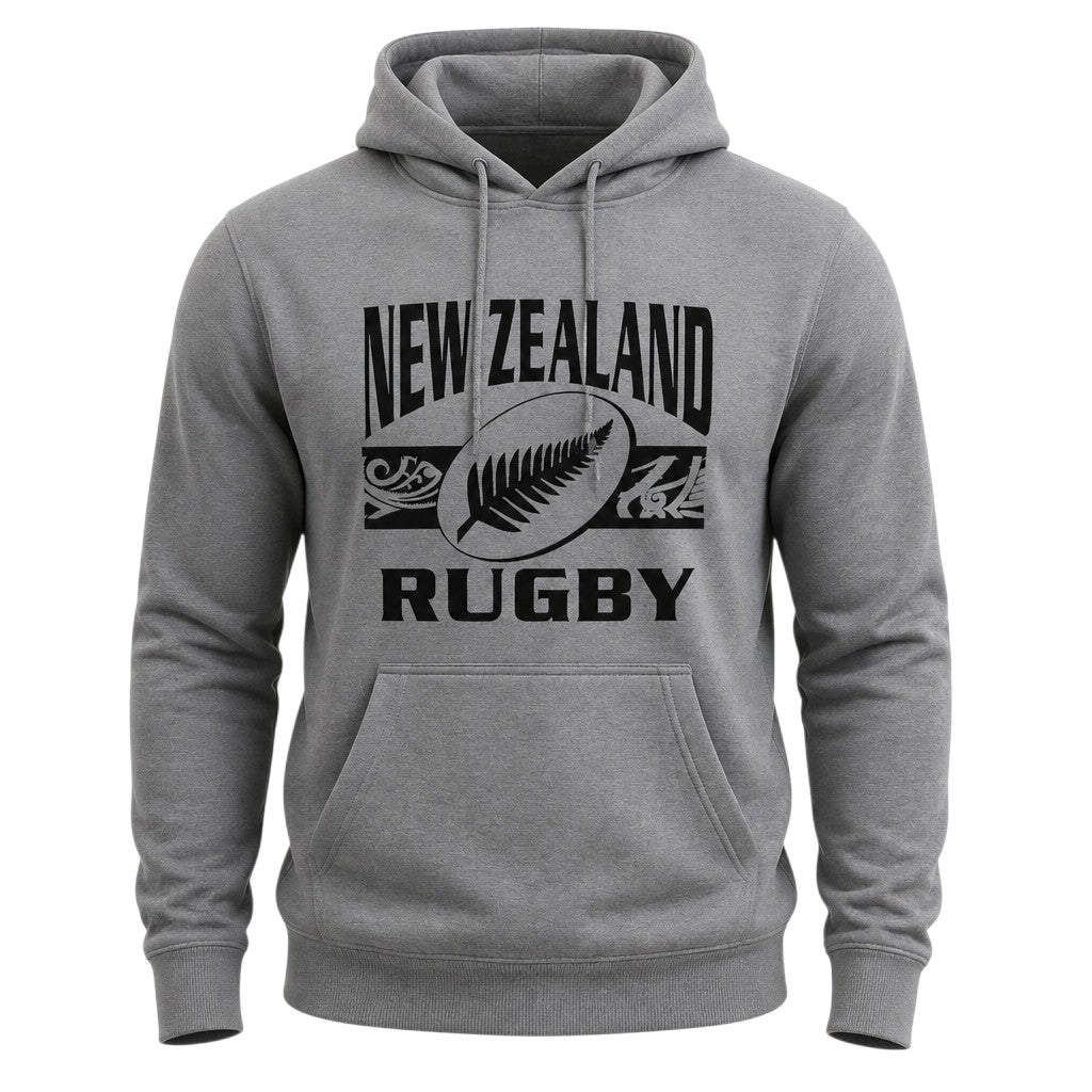 Ruggers Rugby Supply grey unisex cotton-poly fleece hoodie with black New Zealand Rugby logo and drawstring hood