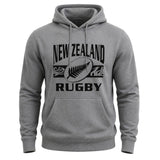 Ruggers Rugby Supply grey unisex cotton-poly fleece hoodie with black New Zealand Rugby logo and drawstring hood