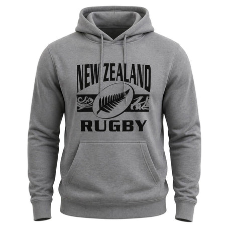 Ruggers Rugby Supply grey unisex cotton-poly fleece hoodie with black New Zealand Rugby logo and drawstring hood