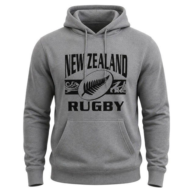 Ruggers Rugby Supply grey unisex cotton-poly fleece hoodie with black New Zealand Rugby logo and drawstring hood