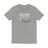 Ruggers Rugby Supply grey tri-blend t-shirt featuring a white and black Rugby Dad graphic logo on the chest.