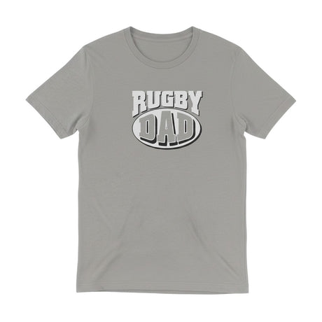 Ruggers Rugby Supply grey tri-blend t-shirt featuring a white and black Rugby Dad graphic logo on the chest.