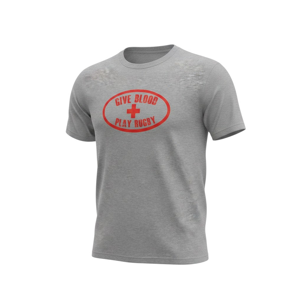 Ruggers Rugby Supply grey crew neck t-shirt with a distressed red Give Blood Play Rugby logo on the chest.