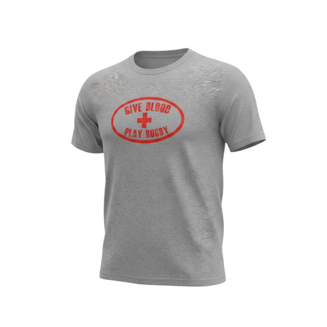 Ruggers Rugby Supply grey crew neck t-shirt with a distressed red Give Blood Play Rugby logo on the chest.
