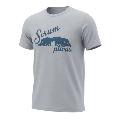 Ruggers Rugby Supply grey tri-blend unisex t-shirt featuring a blue Scrumptious rugby scrum graphic design