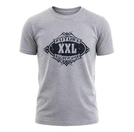 Ruggers Rugby Supply grey youth t-shirt with Future XXL Rugby Player graphic print in distressed navy blue ink.