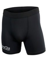 Ruggers Rugby Supply KooGa black compression shorts with moisture-wicking Evapstretch fabric and mesh ventilation.
