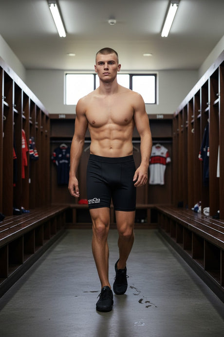Ruggers Rugby Supply KooGa black compression shorts worn by a fit male athlete in a locker room setting.