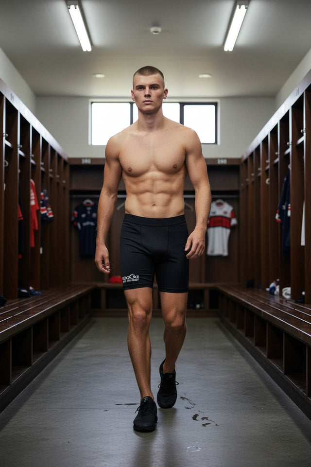 Ruggers Rugby Supply KooGa black compression shorts worn by a fit male athlete in a locker room setting.