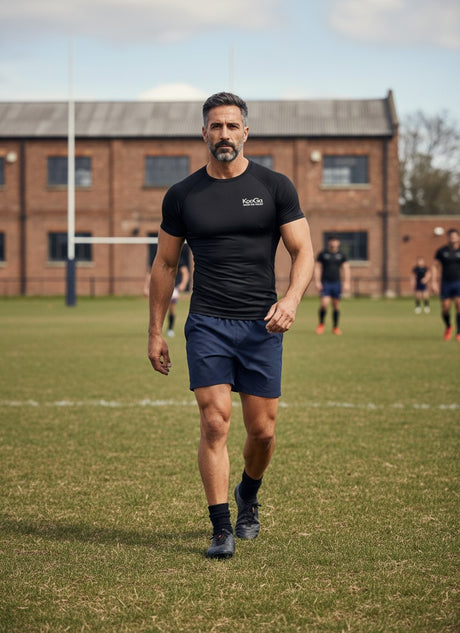 Ruggers Rugby Supply KooGa black compression top worn by a man on a rugby pitch with raglan sleeves and moisture-wicking fabric.
