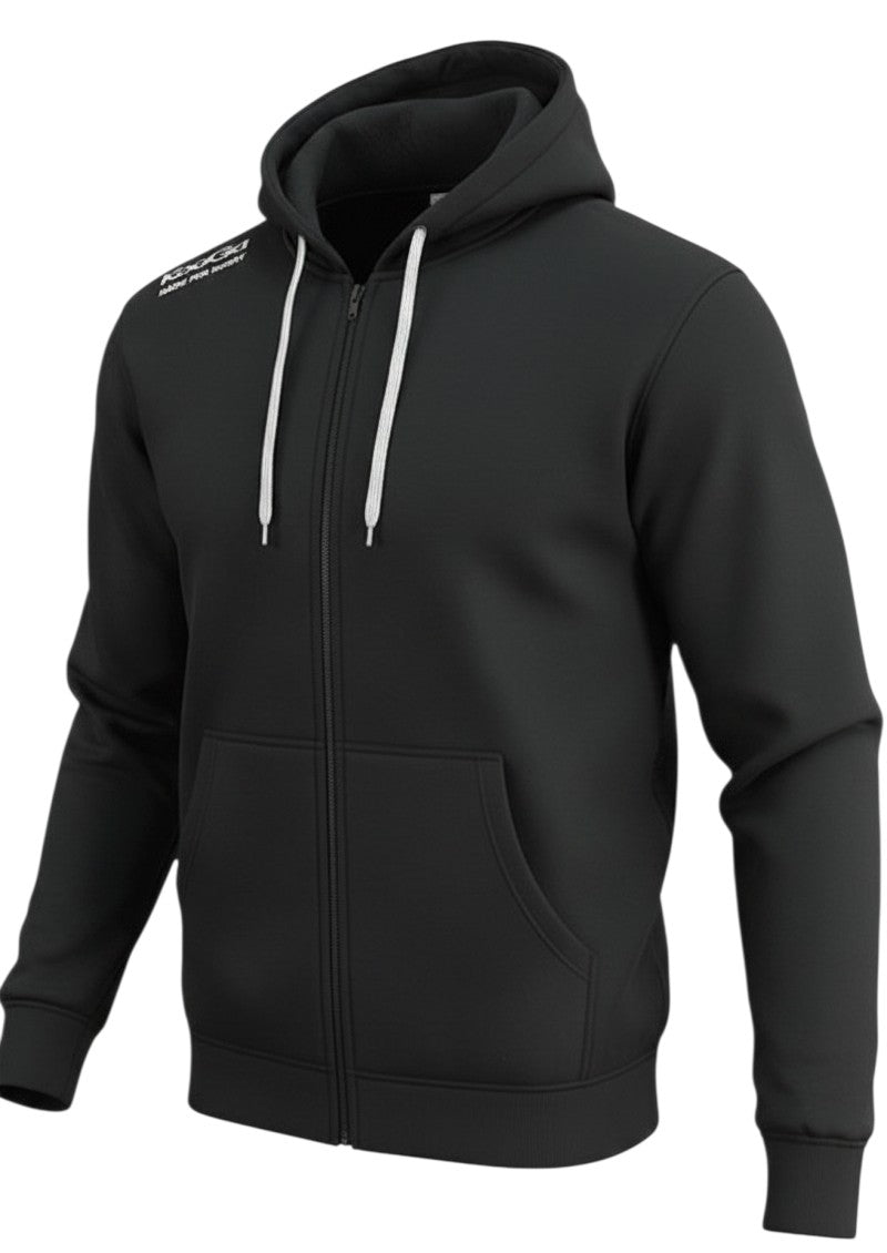 Ruggers Rugby Supply KooGa black full zip hoodie with white drawstrings, scuba neck, and shoulder logo branding.