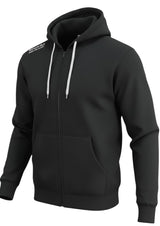 Ruggers Rugby Supply KooGa black full zip hoodie with white drawstrings, scuba neck, and shoulder logo branding.