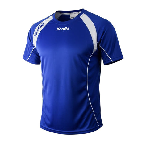 Ruggers Rugby Supply KooGa blue performance training tee with white side panels and moisture-wicking fabric.