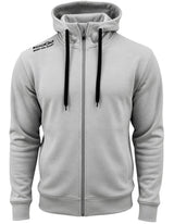 Ruggers Rugby Supply KooGa grey full zip performance hoodie with scuba neck, black drawstrings, and shoulder logo.