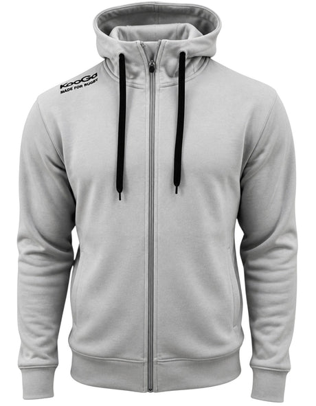 Ruggers Rugby Supply KooGa grey full zip performance hoodie with scuba neck, black drawstrings, and shoulder logo.